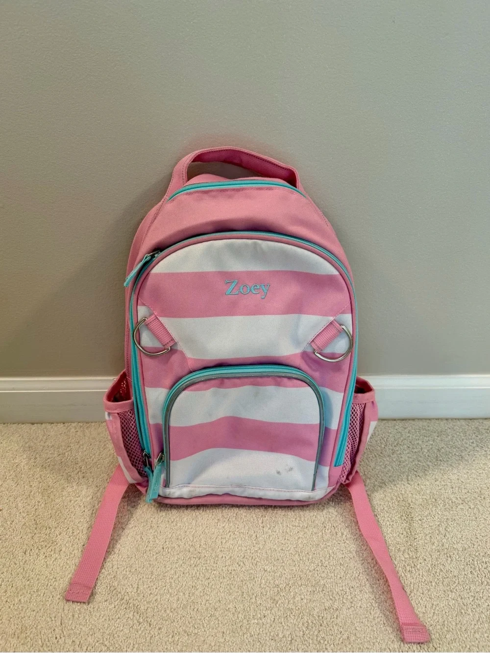 Pottery Barn Kids Pink and White Striped Backpack with Teal Trim